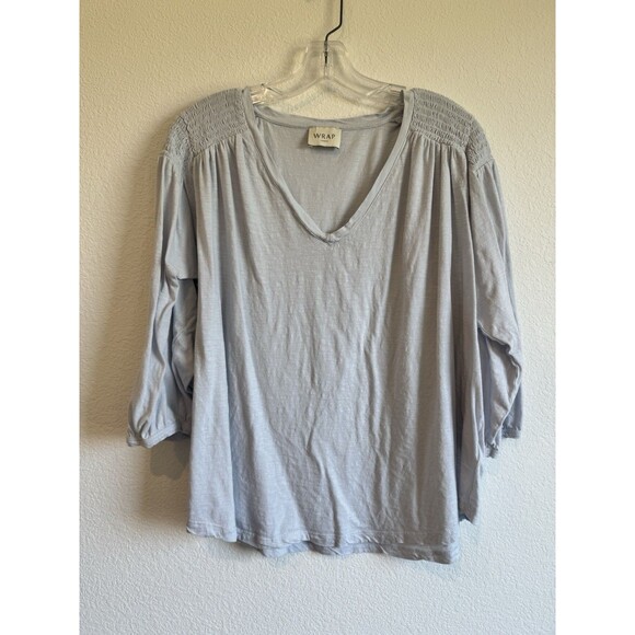 Wrap London Women's Blue V Neck Pullover Top Cotton Modal Smocked Size 16 - Picture 1 of 10
